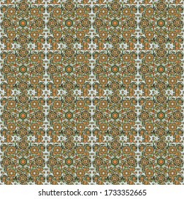 Vintage seamless pattern in brown, green and orange colors. Hand written vector flowers, stamps, keys.