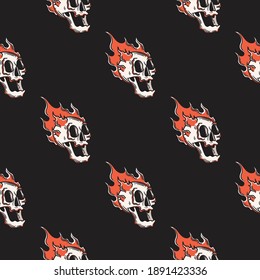 vintage seamless pattern burning skull with black background