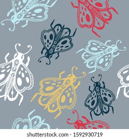 Vintage seamless pattern with butterflies in doodle style. Decoration hand drawn butterflies. The background is perfect for fabric, wallpaper for the nursery, poster and more. Vector illustration.