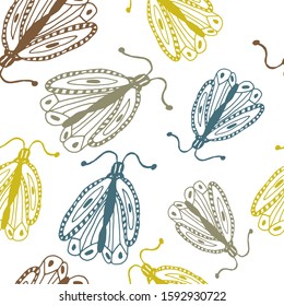 Vintage seamless pattern with butterflies in doodle style. Decoration hand drawn butterflies. The background is perfect for fabric, wallpaper for the nursery, poster and more. Vector illustration.