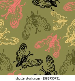 Vintage seamless pattern with butterflies in doodle style. Decoration hand drawn butterflies. The background is perfect for fabric, wallpaper for the nursery, poster and more. Vector illustration.
