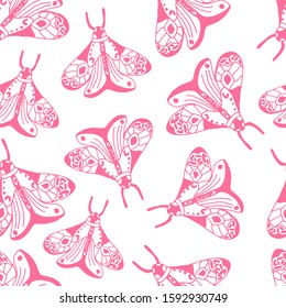 Vintage seamless pattern with butterflies in doodle style. Decoration hand drawn butterflies. The background is perfect for fabric, wallpaper for the nursery, poster and more. Vector illustration.
