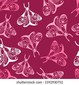 Vintage seamless pattern with butterflies in doodle style. Decoration hand drawn butterflies. The background is perfect for fabric, wallpaper for the nursery, poster and more. Vector illustration.