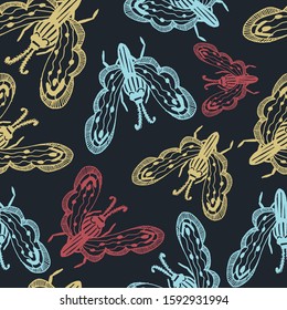 Vintage seamless pattern with butterflies in doodle style. Decoration hand drawn butterflies. The background is perfect for fabric, wallpaper for the nursery, poster and more. Vector illustration.