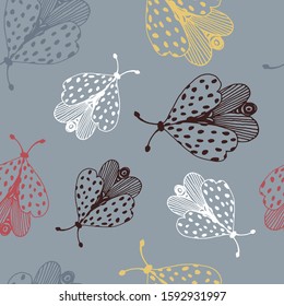 Vintage seamless pattern with butterflies in doodle style. Decoration hand drawn butterflies. The background is perfect for fabric, wallpaper for the nursery, poster and more. Vector illustration.
