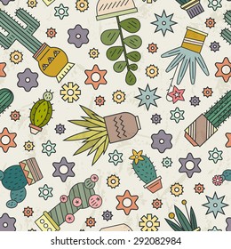 Vintage seamless pattern with cactuses and succulents and texture on the background. Geometrical background with modern styled plants with outline. Childish texture for surface design. 