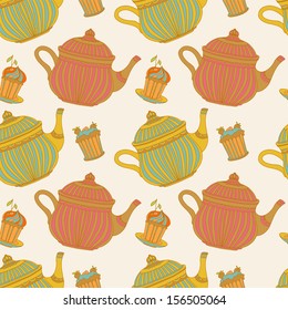 Vintage seamless pattern with cakes and teapots - vector