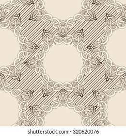 Vintage seamless pattern with cameos, beige interlacing small round frames with place for your sign, on the shaded background.