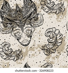 Vintage seamless pattern Carnival party with female head in masquerade mask and feathers on grunge background.Hand drawn vector illustration. Retro invitation design,card, print, t-shirt, postcard