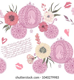 Vintage seamless pattern with carriage, kisses, hearts and floral elements on white background. Retro vector illustration in watercolor style.