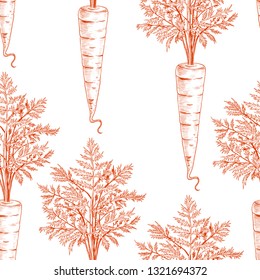Vintage seamless pattern with carrots. Vector ink drawing of carrots on a white background. Imitation engraving.