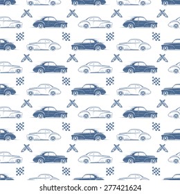 Vintage seamless pattern with cars, flags and spark plugs. Vector illustration