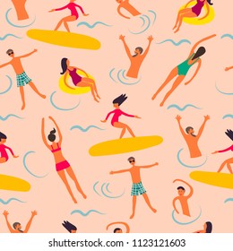 “Summertime” vintage seamless pattern. Cartoon characters. Vector illustration in flat style.