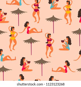 “Summertime” vintage seamless pattern. Cartoon characters. Vector illustration in flat style.