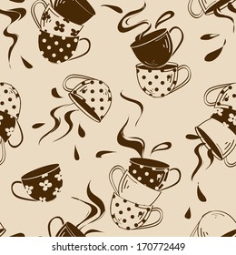 Vintage seamless pattern of cartoon colorful teacups and splash