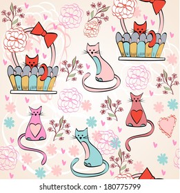 Vintage seamless pattern with cats in bright colors