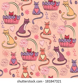 Vintage seamless pattern with cats in bright colors