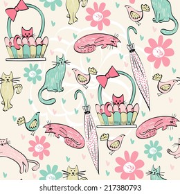 Vintage seamless pattern with cats in bright colors