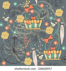 Vintage seamless pattern with cats, umbrella and bicycle