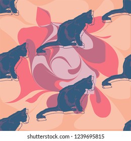 Vintage seamless pattern with cats. Vector illustration. Isolated silhouette cat sitting. Elegant and cute illustration.