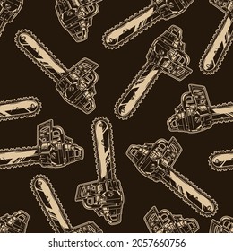 Vintage seamless pattern of chainsaws in monochrome style on dark background vector illustration