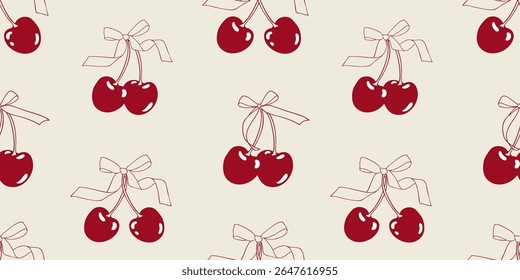 Vintage Seamless pattern with cherries and bows. Designe for print, fabric, wallpaper, wrapping paper.