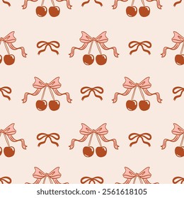 Vintage seamless pattern cherry with a ribbon pink bow in a coquette aesthetic. Vector retro illustration.