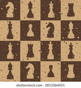 Vintage seamless pattern with chess piece silhouettes on a brown checkered background with grunge texture.
