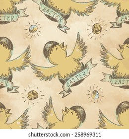 Vintage seamless pattern with chicken in a shell. Happy Easter theme.