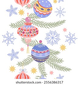 Vintage seamless pattern with Christmas balls and Christmas tree branches. Limited color palette suitable for any type of printing