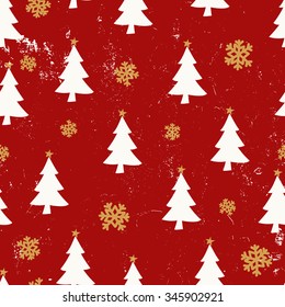 Vintage seamless pattern with Christmas Trees and snowflakes in white, red and gold. Tiling festive background, greeting card or wrapping paper.
