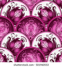 Vintage seamless pattern with circles with purple gradient flowers, vector