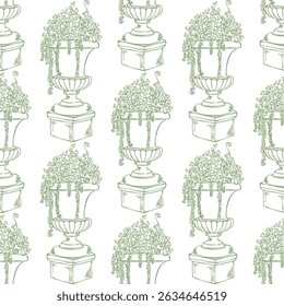 Vintage padrão sem emenda com clássico jardim planta urna ou vaso na arte desenhada à mão linha. Elegante La dolce vita padrão para impressões têxteis, papel de parede, Mediterrâneo ou francês design de embalagem.