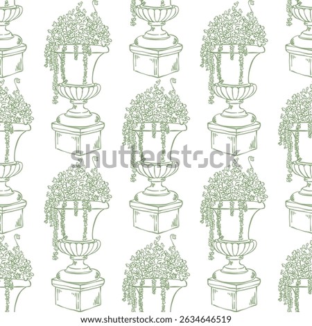 Vintage seamless pattern with classic garden plant urn or vase in hand drawn line art. Elegant La dolce vita pattern for textile prints, gift wrap, wallpaper, Mediterranean or French packaging design.