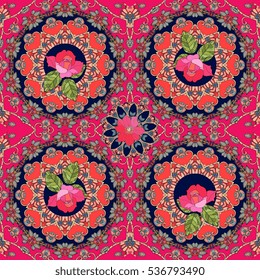 Vintage seamless pattern with clematis and roses. Lovely tablecloth in russian style.