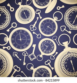 Vintage seamless pattern with clocks and keys