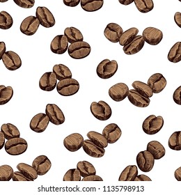 Vintage seamless pattern with coffee beans on a white background. Hand-drawn vector illustration.