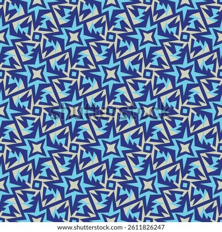 Vintage seamless pattern in cold tones. Overlapping art forms, stripes, polygons, segments are grouped and arranged in a certain order. Vector. 