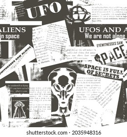 Vintage seamless pattern with a collage of newspaper clippings about UFOs and aliens. Background with old, unreadable text, titles and illustrations on the theme of space. Newspaper print from scraps.