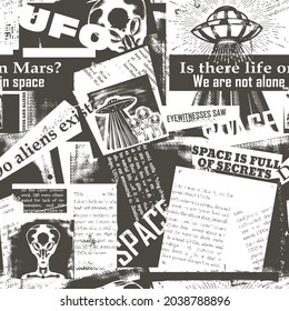 Vintage seamless pattern with a collage of newspaper clippings about UFOs and aliens. Background with old, unreadable text, titles and illustrations on the theme of space. Newspaper print from scraps.