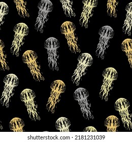 Vintage seamless pattern with collection of jellyfish.  Night galaxy mix with watercolor jelly fishes in bright style vivid blue purple violet isolated on dark background