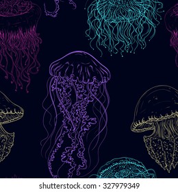 Vintage seamless pattern with collection of jellyfish. Hand drawn vector illustration of marine fauna in line art style. aDesign for summer beach, decorations.