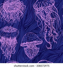 Vintage seamless pattern with collection of jellyfish. Hand drawn vector illustration of marine fauna in line art style.Design for summer beach, decorations.