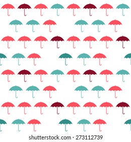Vintage seamless pattern. Colored umbrellas (pink and turquoise) on white background. Vector abstract background. Rain weather. Autumn. 