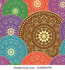 Vintage seamless pattern with colorful circles with golden lace pattern. vector