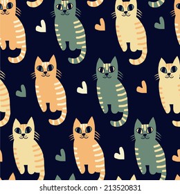 Vintage seamless pattern with colorful kittens and hearts on the dark background.