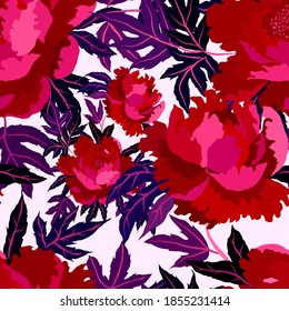 Vintage seamless pattern with colorful peonies for fabric design. Beautiful floral texture. Summer, spring background.	