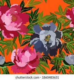 Vintage seamless pattern with colorful peonies for fabric design. Beautiful floral texture. Summer, spring background.	