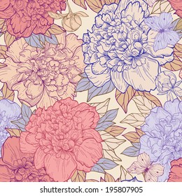 Vintage seamless pattern with colorful peonies and butterflies on a beige background. Vector illustration.