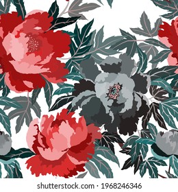 Vintage seamless pattern with colorful peonies for fabric design. Beautiful floral texture. Summer, spring background.	